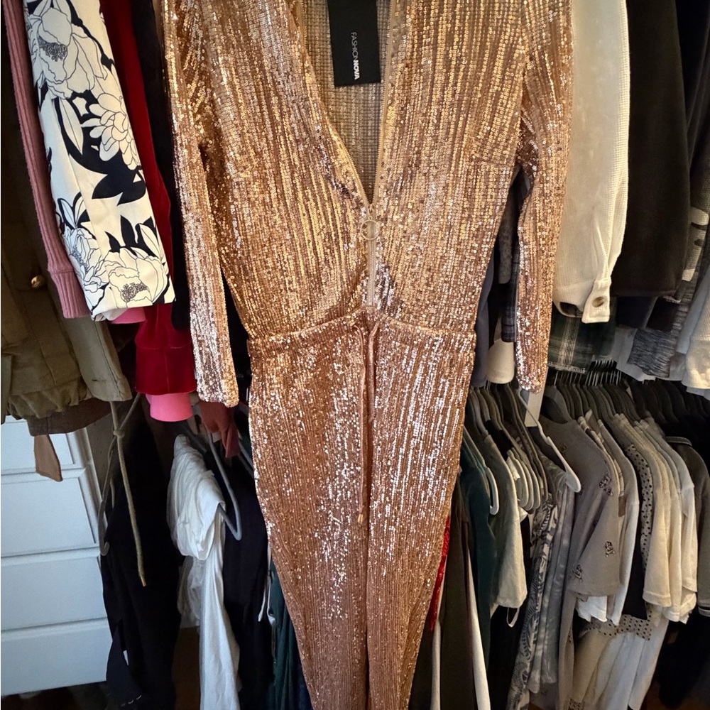 Fashion Nova Gold Sequin Jumpsuit